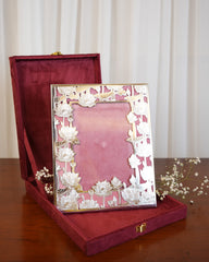 Elegant Silver-Plated Photo Frame with Intricate Lotus Design – Ideal for Weddings, Anniversaries & Corporate Gifting