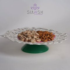 Intricate Silver-Plated Nakshi Platter with Green Base – Multipurpose Brass Plate for Gifting & Festive Serving