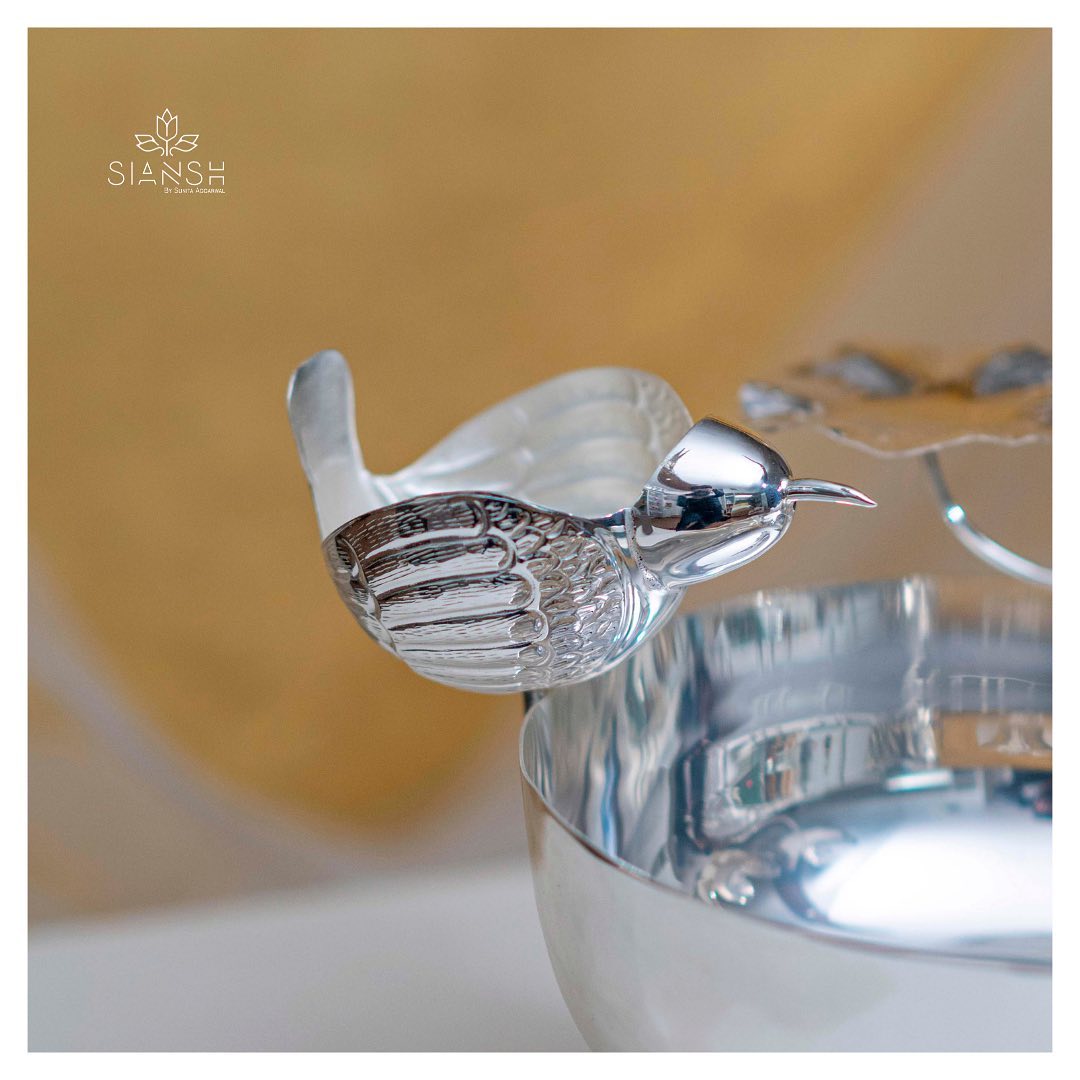 Bird & Flower Silver Plated Round Urli Bowl | Elegant Decor by Siansh