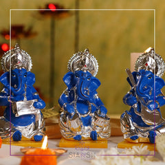 Silver-Plated Musical Ganesha Idol Set – Resin Figurines with Instruments | Ideal for Décor & Auspicious Gifting