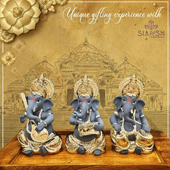 Silver-Plated Musical Ganesha Idol Set – Resin Figurines with Instruments | Ideal for Décor & Auspicious Gifting