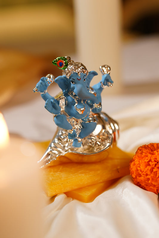 Silver-Plated Shell Ganesha Idol – Handcrafted Resin Murti for Décor & Auspicious Gifting | Packed in Swede Box