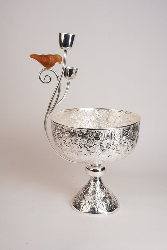 Silver Plated Designer Centrepiece Bowl with Bird & Candle Holder | Elegant Console Decor