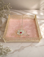 Pink Resin & silver Filigree Tissue Paper Holder with Silver Floral Motif