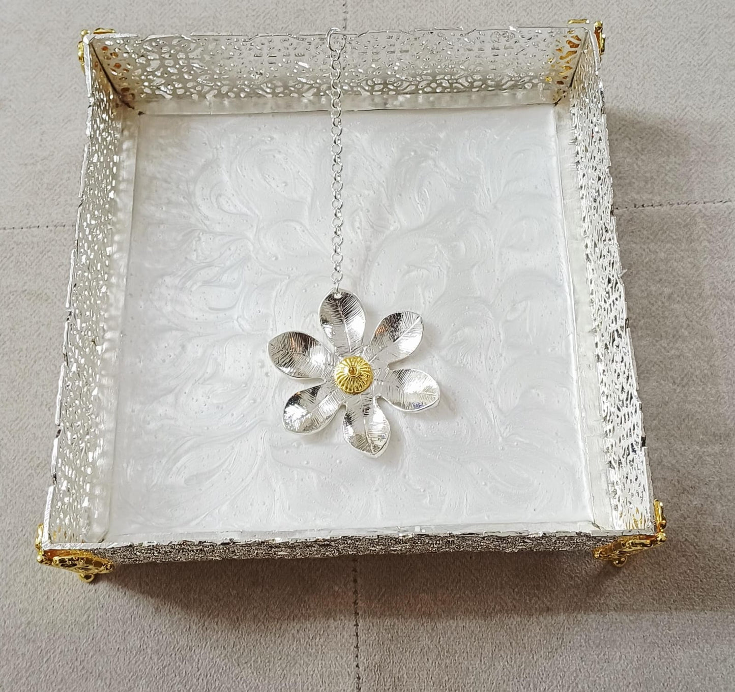 Silver Filigree Tissue Paper Holder with Textured White Resin Base & Hanging Floral Motif