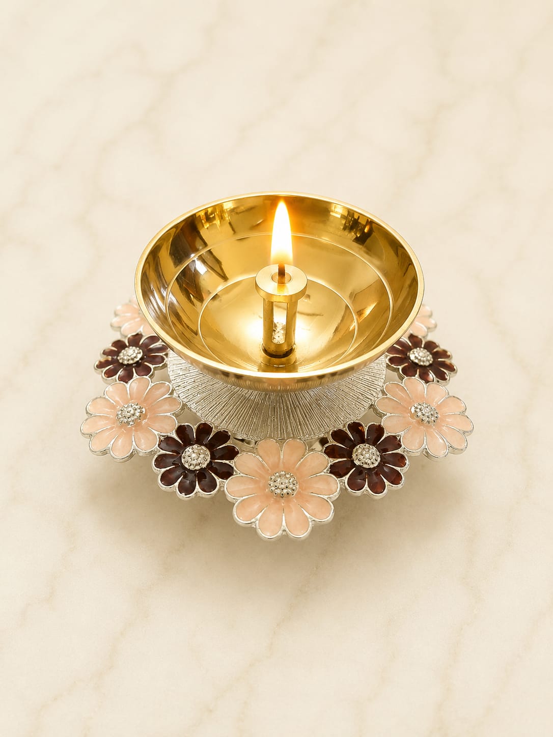 Brown Floral Silver Diya