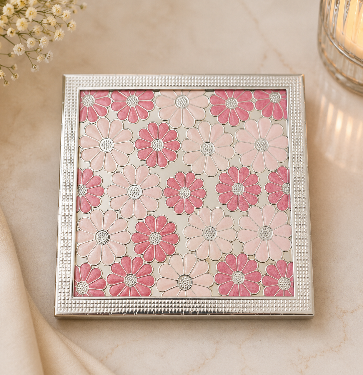 Pink Blossom Silver-Plated Coaster