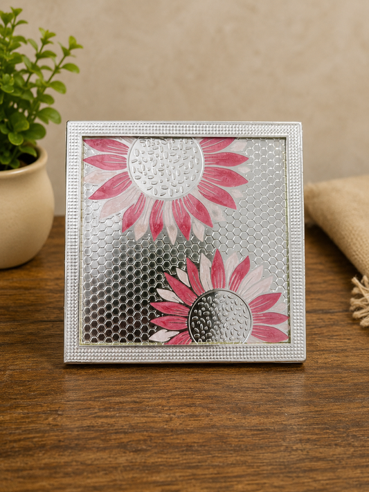 Red Sunflower Silver Coaster