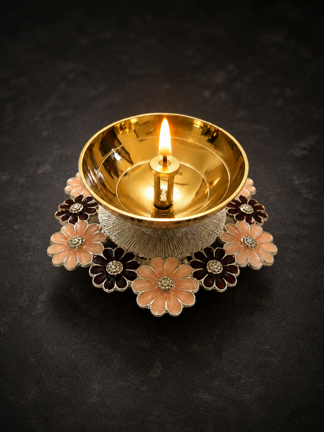 Brown Floral Silver Diya