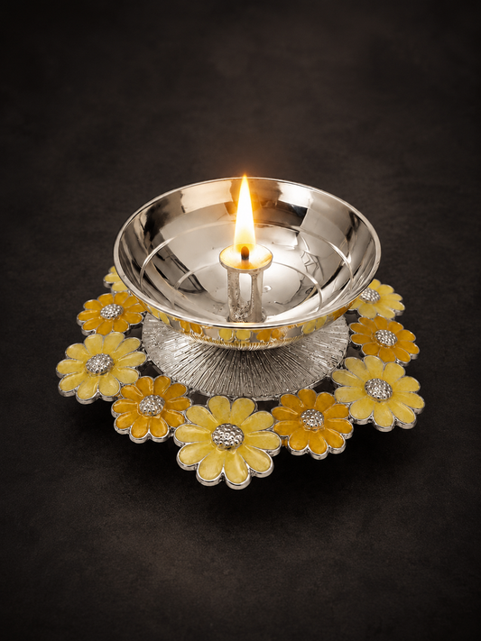 yellow Bloom Silver Plated Diya