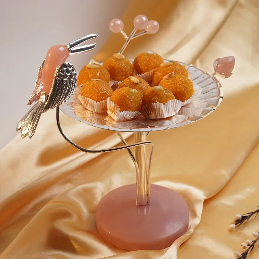 Toucan Bird Silver-Plated Lotus Platter – Standing Brass & Resin Dessert Stand | Ideal for Festive Gifting & Décor