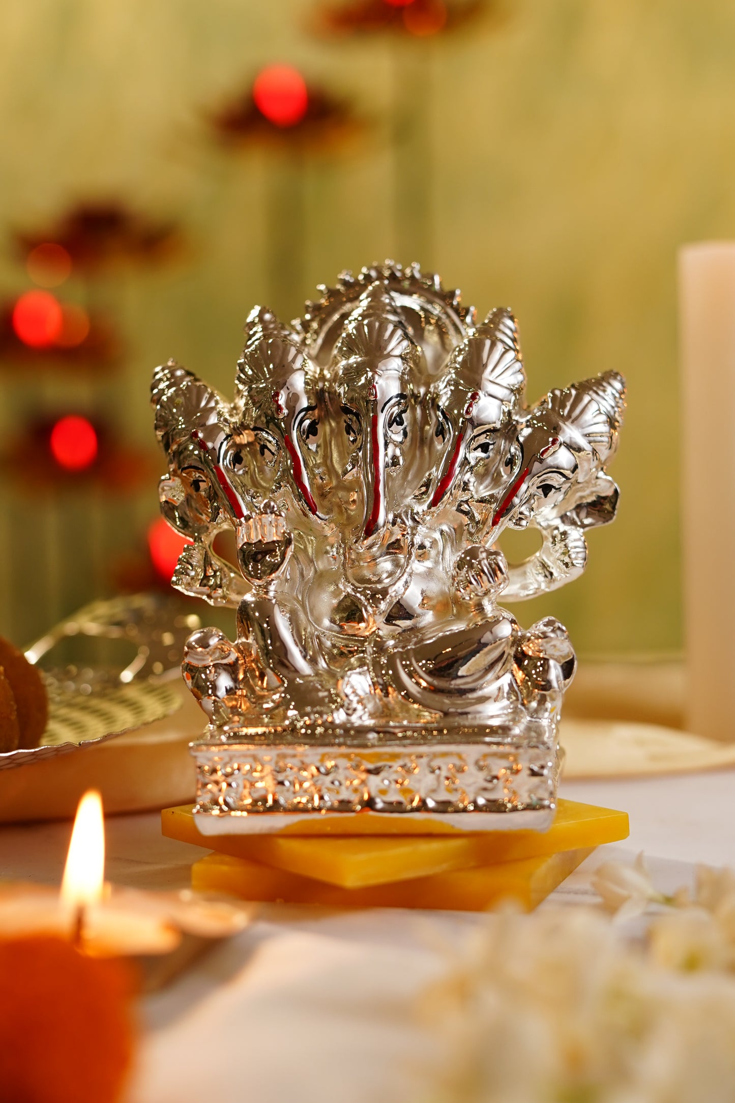 Silver-Plated Panchmukhi Ganesha Idol – Divine Resin Figurine for Décor, Worship & Gifting | Swede Box Included