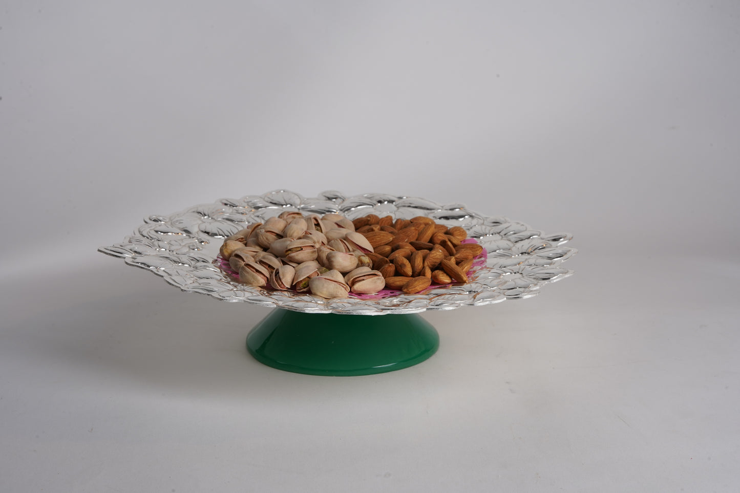 Intricate Silver-Plated Nakshi Platter with Green Base – Multipurpose Brass Plate for Gifting & Festive Serving