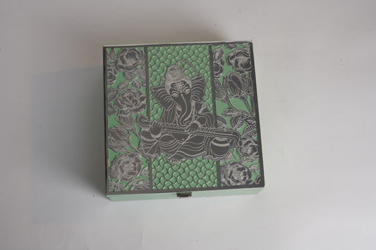 Silver-Plated Ganesha Etching Brass Box – 8x8 Multipurpose Decorative Gift Box | Swede Utility Packing