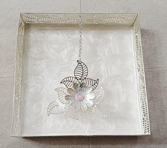 Silver Filigree Tray with Textured White Resin Base & Hanging Floral Motif