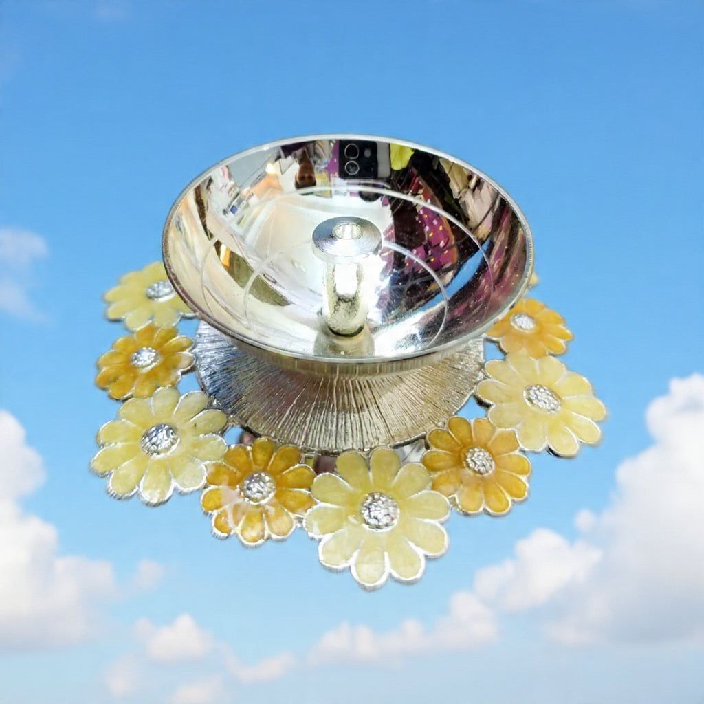 yellow Bloom Silver Plated Diya