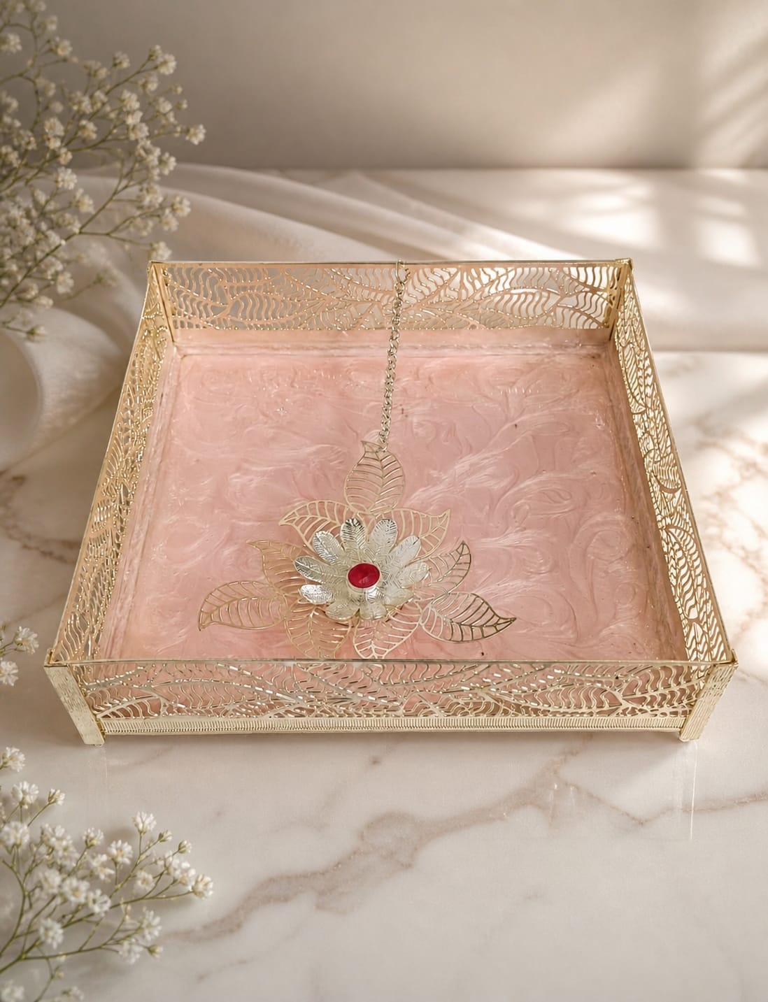 Pink Resin & silver Filigree Tissue Paper Holder with Silver Floral Motif