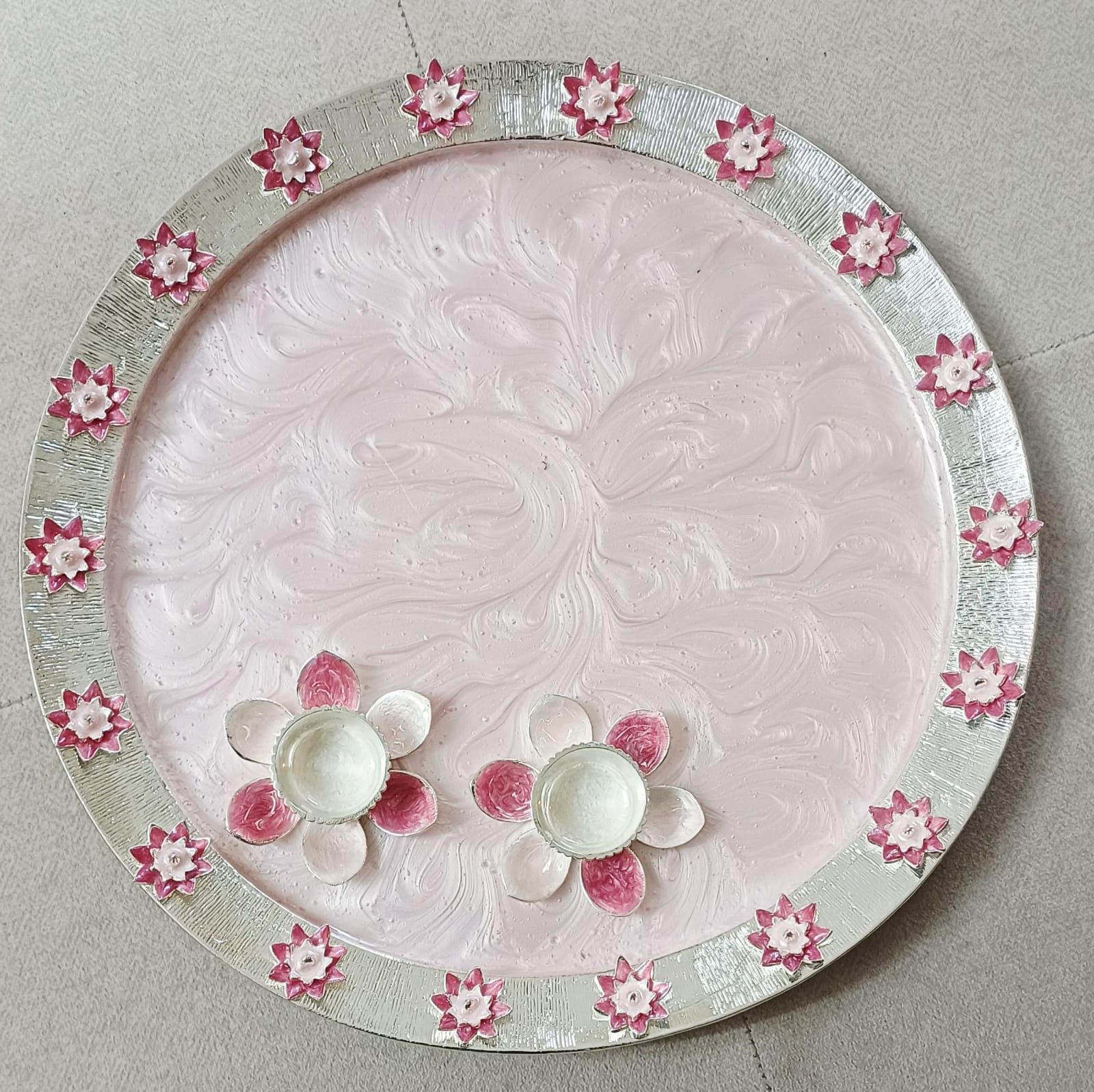 Blush Pink Resin Pooja Thali with Silver Floral Border & Diyas