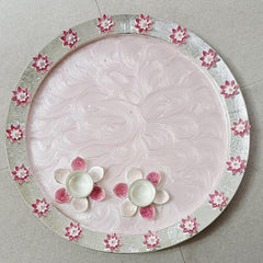 Blush Pink Resin Pooja Thali with Silver Floral Border & Diyas