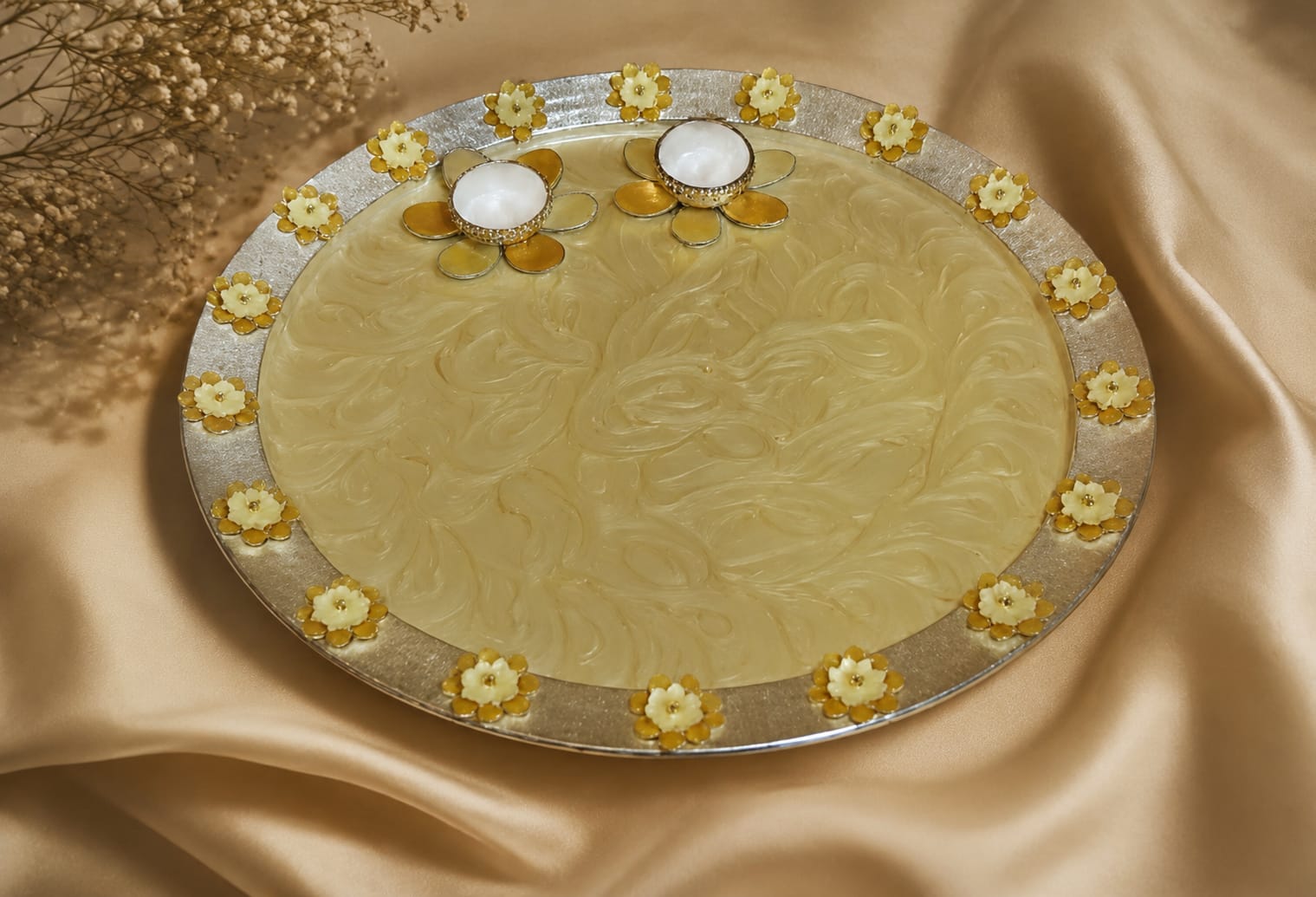 Ivory & Gold Lotus Pooja Thali with Tealight Holders