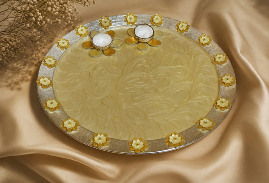 Ivory & Gold Lotus Pooja Thali with Tealight Holders