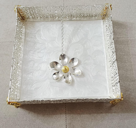 Silver Filigree Tissue Paper Holder with Textured White Resin Base & Hanging Floral Motif