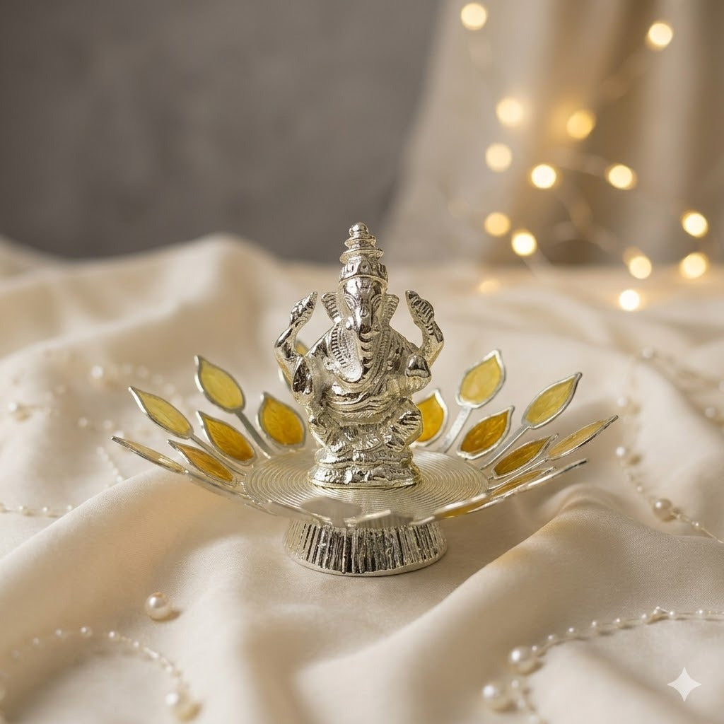 Golden Glow Lotus Silver Plated Ganesh Idol