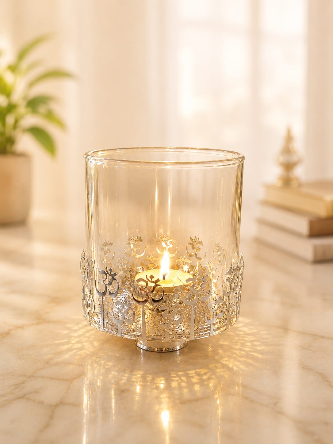 Om Serenity Silver Plated Glass Akhand Jyoti