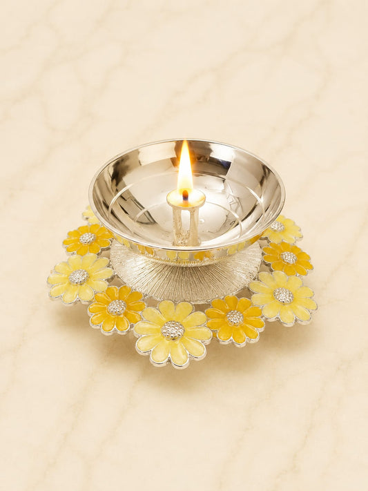 yellow Bloom Silver Plated Diya