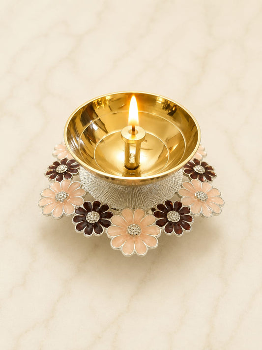 Brown Floral Silver Diya