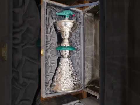 Elegant Silver-Plated Decorative Samai with Parrot Handle – Ornate Design on Wooden Base